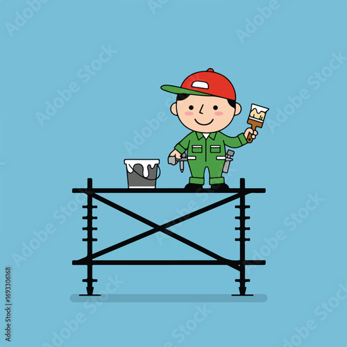 Painter on scaffolding with paint bucket and brush, dressed in green overalls, smiling