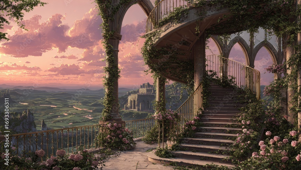 Fototapeta premium A sun-drenched, fanciful balcony overlooking a valley