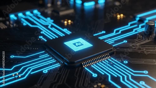 Artificial Intelligence Microchip On Circuit Board With Glowing Blue Connections Representing Technology Innovation Future