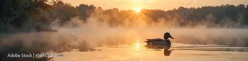 Early morning mist hangs over a tranquil lake as a lone duck decoy floats serenely, awaiting the hunter's arrival  The sun's golden light reflects beautifully on the water's surface , winter, nature