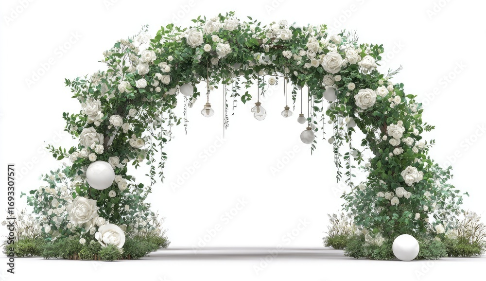 Obraz premium White floral archway with hanging lights and balls