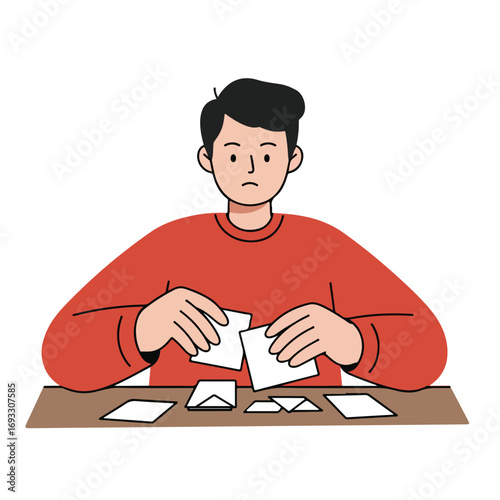 Man at desk tears papers