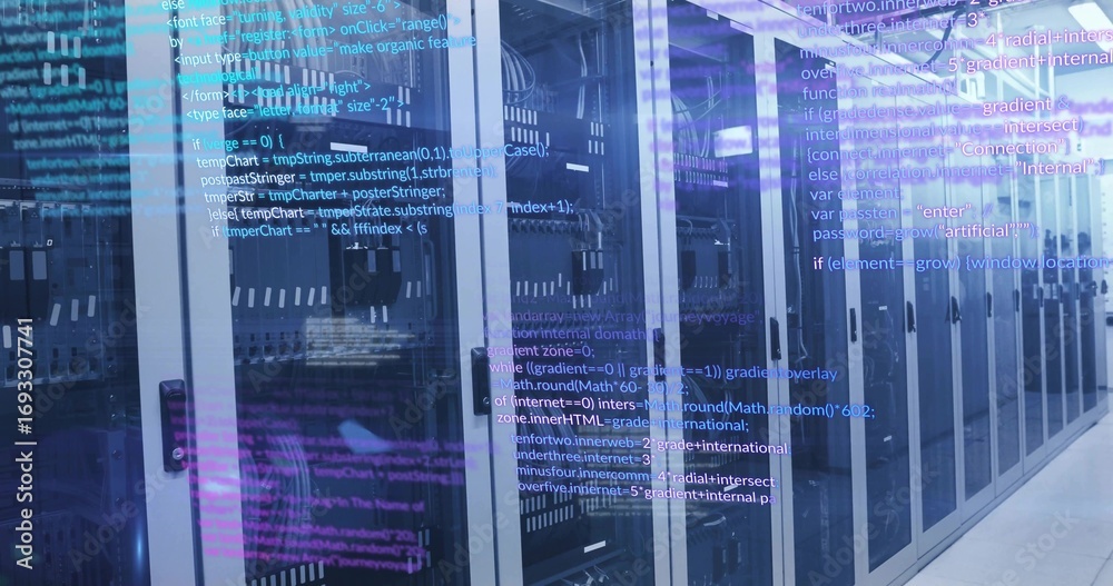 Fototapeta premium Stretching glass-door server racks showing blinking LEDs and code overlay in data center