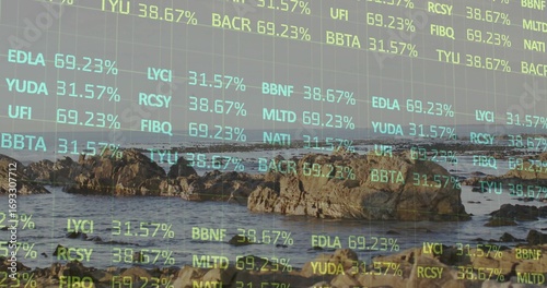 Displaying rocky coastline beneath translucent grid overlay at shore, with stock ticker codes © vectorfusionart