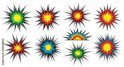 A dynamic collection of pop art style explosions and starburst icons. Colorful comic book graphics for creating impact and action effects