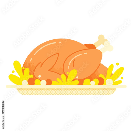 vector illustration of a whole roasted turkey on a serving platter with garnish for a festive Thanksgiving holiday dinner centerpiece.