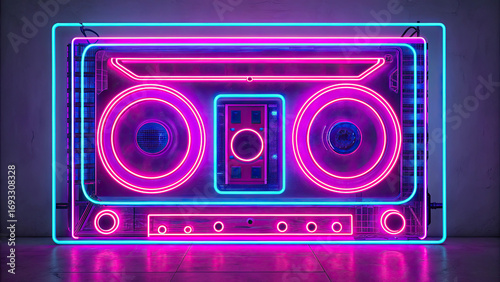 Neon cassette nostalgia of the 90s audio cassette concept. Colorful neon boombox showcasing retro music vibes and style.