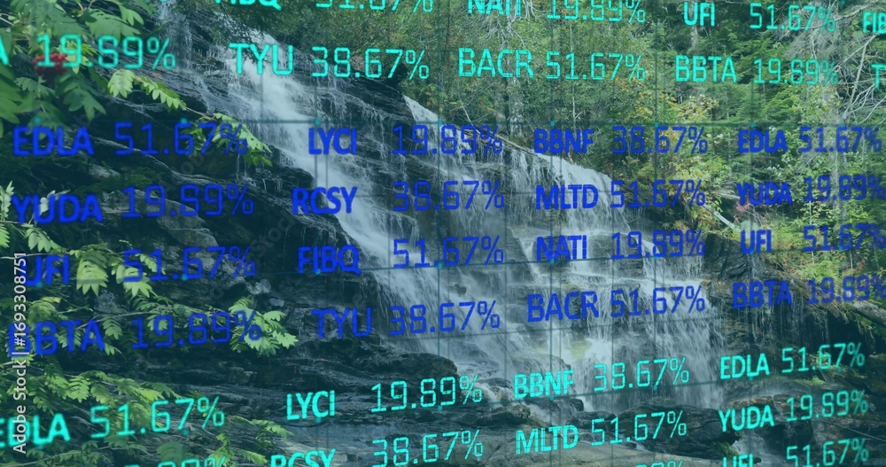 Naklejka premium Cascading waterfall showing digital overlay percentages in forest, rocky ledges and foliage