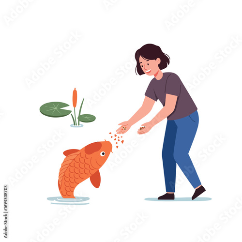 Woman feeds koi