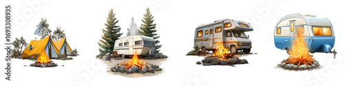 Cozy Camping Scenes with Tents and Campfires isolated on transparent background.
