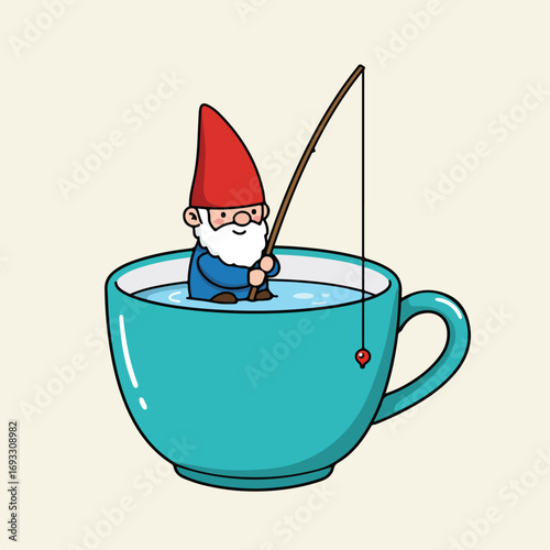Tiny gnome fishing in a teacup