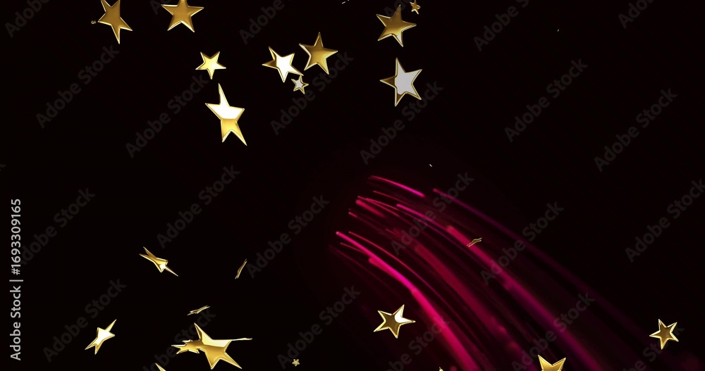 Naklejka premium Floating metallic gold star shapes drifting in abstract dark space, with magenta light streaks