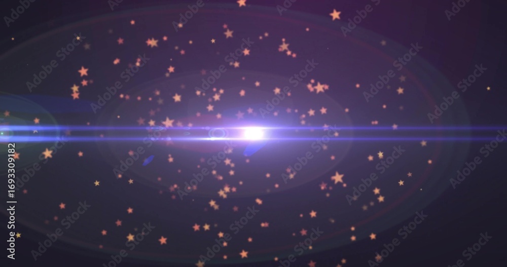 Fototapeta premium Emitting purple-blue lens flare streak through dark cosmos with golden particles and faint rings