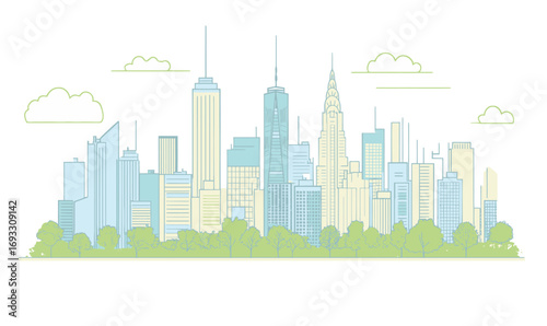 City building construction is depicted through a single continuous line in a modern art piece, emphasizing the concept of urban apartments, houses, and cityscapes in architectural design and