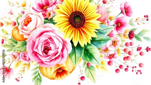 Vibrant watercolor bouquet of sunflowers roses and berries