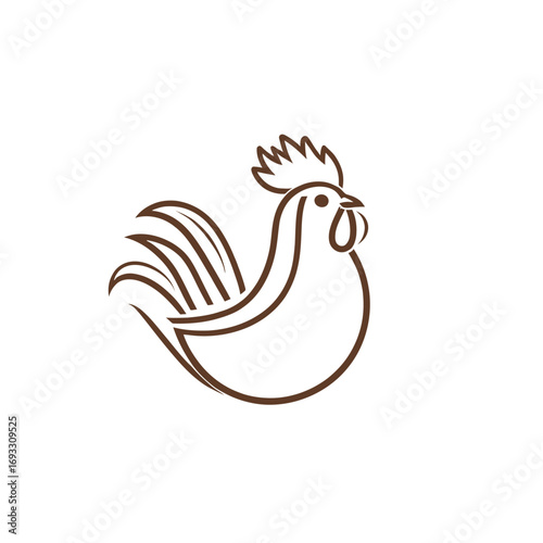 A modern graphic design illustration of a rooster in a single line drawing is used for the company's business logo and identity, showcasing a trendy continuous line style and a cock bird mascot