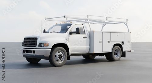 A white utility truck with storage compartments and a roof rack, parked on a smooth surface.