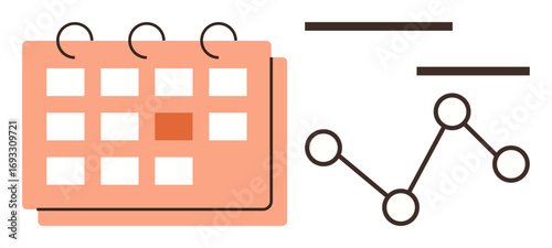 Calendar with highlighted date beside line graph showing points and connections, representing organization, productivity, project planning, analysis, deadlines, scheduling, and trends in a simple