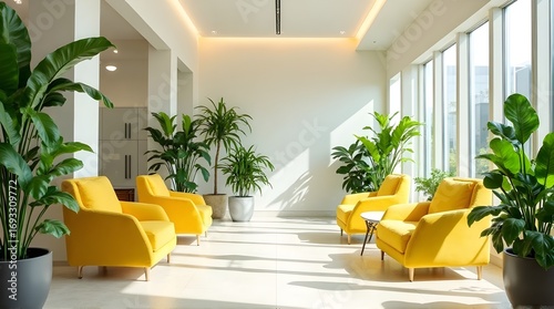 Brighten your brand with this modern waiting room showcasing yellow armchairs and lush plants indoors