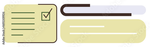 Simple checklist next to a progress bar displaying task completion. Ideal for organization, productivity, workflow, planning, tracking, project management, efficiency. Minimal flat metaphor