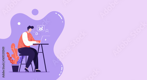 Young man focused on his laptop, working or studying in a modern, creative digital environment. Ideal for remote work, freelance, online education, or technology concepts.