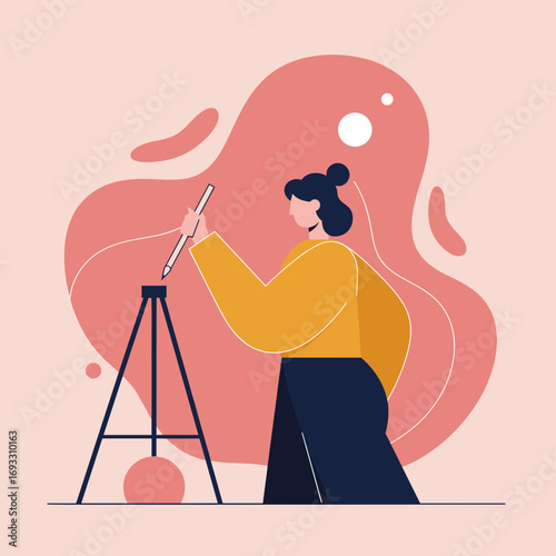 Woman focused on drawing or designing with a stylus on a stand. Represents creativity, art, engineering, and professional work concepts.