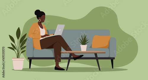 Professional Black woman working remotely on her laptop from a comfortable home sofa, embodying modern productivity and a balanced lifestyle.