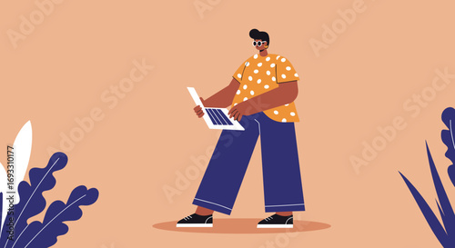 Modern person in sunglasses casually uses a laptop for remote work or online study, symbolizing digital productivity and connectivity in a relaxed setting.