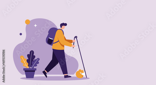 Man with backpack and walking stick enjoying an outdoor adventure. Represents hiking, travel, nature exploration, and an active healthy lifestyle. Ideal for leisure and recreational themes.