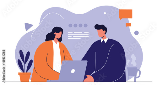 Two professionals collaborate on a project using a laptop in a modern office setting, illustrating teamwork, digital communication, and business partnership.