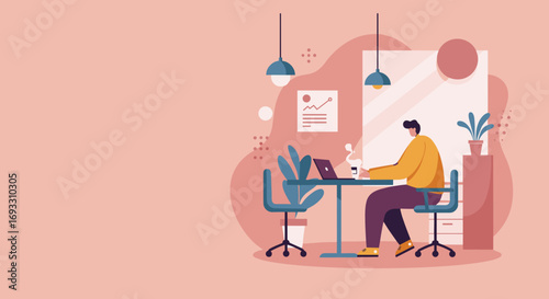 Modern illustration of a person working remotely on a laptop at a contemporary home office desk with coffee and plants. Ideal for business, freelance, or lifestyle concepts.