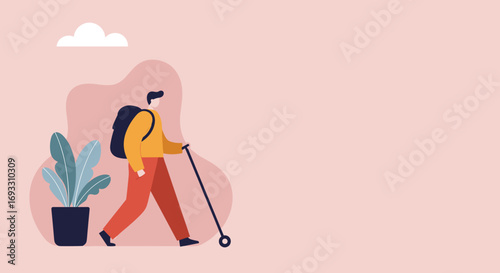 Minimalist illustration of a person with a backpack and walking stick, enjoying an outdoor adventure. Represents travel, exploration, and a healthy lifestyle.