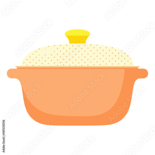 vector illustration of an orange ceramic casserole dish with a lid and yellow handle for cooking a hot Thanksgiving holiday meal.