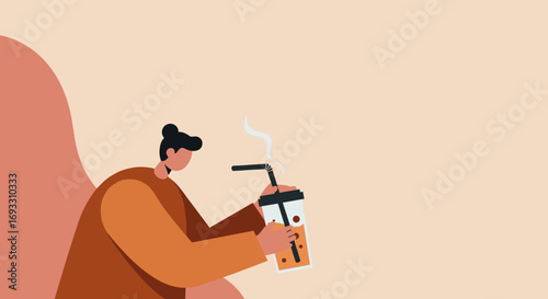 A stylized illustration of a person enjoying a warm beverage in a casual, comfortable setting. Ideal for lifestyle, daily routine, or break-time concepts.
