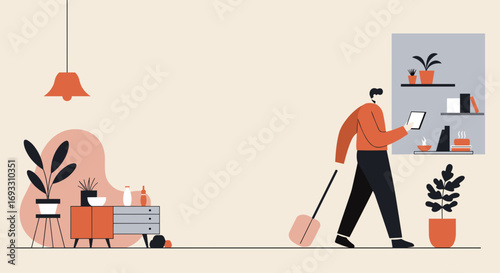 Man using a digital tablet while pulling luggage, embodying modern work-life integration or business travel in a stylish home setting. Perfect for lifestyle and technology concepts.