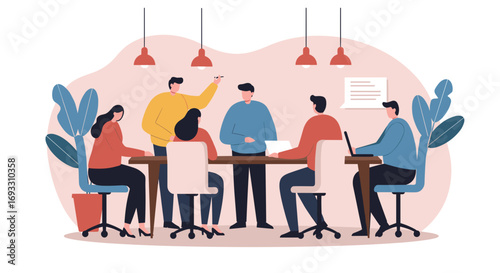 Diverse business team collaborating in a modern office meeting room, discussing strategy and working together on a project. Ideal for corporate and teamwork concepts.