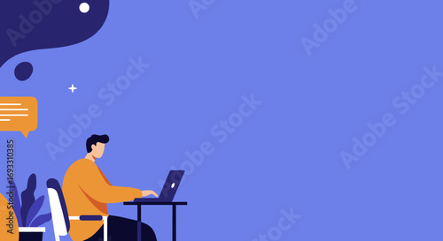 Man working on laptop at a desk, illustrating remote work, online communication, and digital business. Ideal for technology, productivity, or freelance themes.