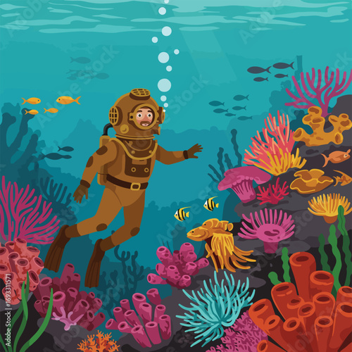 Underwater diver with colorful coral & fish