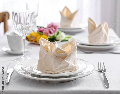 Close-up of Elegant Table Setting with Folded Napkins
