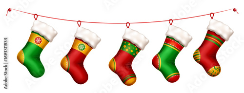Set of five empty festive Christmas stockings hanging on a string. Each stocking is uniquely designed with vibrant colors and patterns.