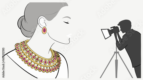 Fashion Photography Jewelry Illustration Womans Profile Gold Necklace Purple Gemstones Elegant Style Artistic Design Studio Shoot Photographer Silhouette Camera Tripod Accessories Edi.
