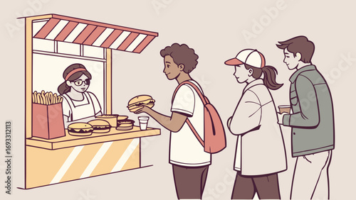 Fast Food Stand Young Couple Buying Burgers and Fries Casual Illustration Street Food Takeaway Lunch Snack Digital Art.
