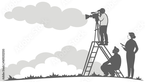 Filming crew silhouettes against cloudy sky outdoor video production film set illustration.