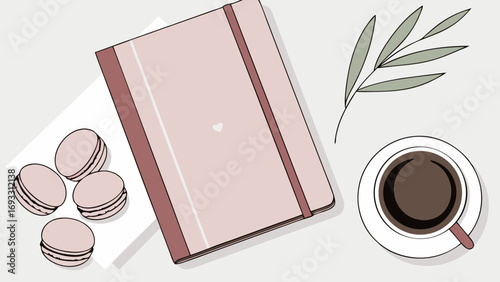 Flatlay illustration of notebook coffee macarons and leaves.