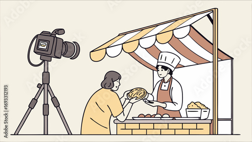 Food blogger filming a chef at a market stall.