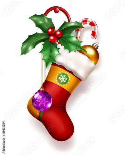 A vibrant red Christmas stocking adorned with a golden band, snowflake emblem, and white cuff, filled with a candy cane, gold ornament, and holly sprig, featuring a purple bauble hanging beside it.