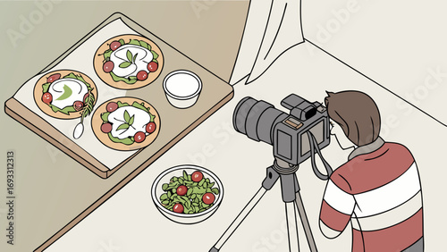 Food Photography Studio Setup Overhead View of Delicious Dishes and Photographer with Camera.