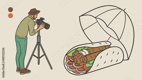 Food Photography Photographer with Camera Studio Setup Delicious Wrap Food Styling Culinary Illustration Professional Shot Food Blogger Recipe Image Flat Lay Graphic Design Advertising.