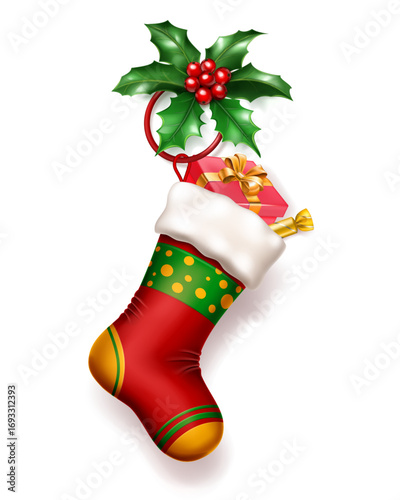 A vibrant red Christmas stocking with white cuff, filled with a wrapped gift and candy, adorned with a holly sprig, with soft shadow on white background.