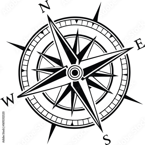 Flat vector icon of a compass silhouette for navigation and exploration